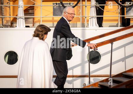 Stockholm, Sweden. 07th May, 2024. King Carl XVI Gustaf and Queen Silvia arrive for a thank you reception on the Royal Ship Dannebrog in Stockholm, Tuesday, May 7, 2024. It is the Danish royal couple who are hosts for the reception. On Monday and Tuesday, the Danish royal couple will make their first state visit to Sweden. During the state visit, the royal couple will among other things meet Danish and Swedish astronauts, visit the fleet station Berga and attend a gala dinner at the Royal Palace. (Photo: Ida Marie Odgaard/Ritzau Scanpix) Credit: Ritzau/Alamy Live News Stock Photo