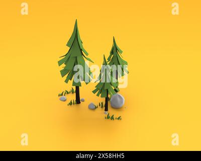Cartoon pine trees on orange background Stock Photo