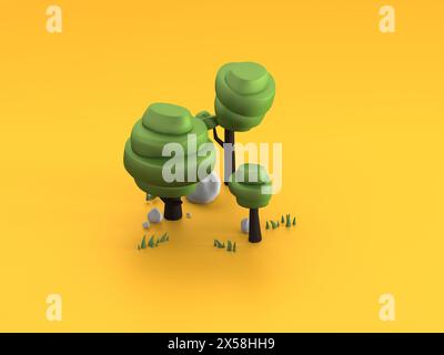 Cartoon oak trees on orange background Stock Photo