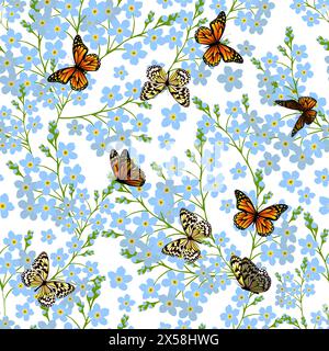 Seamless pattern of blue forget-me-nots with butterflies. Hand drawing. Not AI. Vector illustration Stock Vector