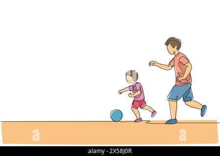 One single line drawing young dad running and playing football soccer with his son in public field park vector graphic illustration. Happy family pare Stock Vector