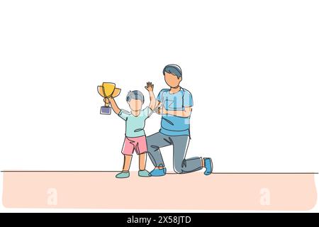 One continuous line drawing young dad congratulate his son who win first place trophy at study competition. Happy family parenthood concept. Dynamic s Stock Vector