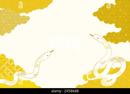 New Year's card for the year of the Snake 2025, with two white snakes and a Japanese pattern sea of clouds, Vector Illustration Stock Vector