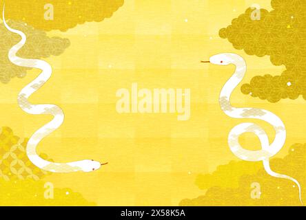 New Year's card for the year of the Snake 2025, with two white snakes and a Japanese pattern sea of clouds, Vector Illustration Stock Vector