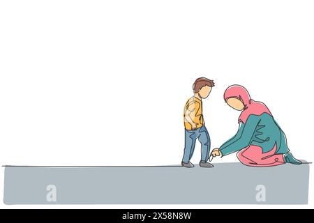 One single line drawing of young Islamic mom help her son to tie shoelace before go to the school vector illustration. Happy Arabian muslim family par Stock Vector
