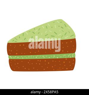 Slice of pistachios cake. Sweet bakery piece. Pastry dessert with cream. Vector pie flat illustration isolated on white background. Stock Vector
