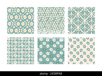Simple flowers seamless patterns set. Floral endless backgrounds collection. Flower ornament tile. Naive botanic repeat cover. Vector flat hand drawn Stock Vector