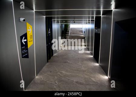 Urban landscape captures underground parking exit, pedestrian-friendly city feature Stock Photo