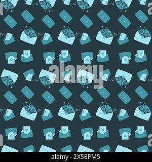 Envelope with flowers and heart shapes seamless pattern. Message, letter blue monochrome endless background. Vector flat illustration. Stock Vector