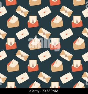 Paris envelope with card seamless pattern. Message, letter, Eiffel tower endless background. France repeat cover. Vector flat illustration. Stock Vector