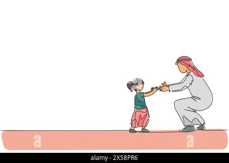 Single continuous line drawing of young Arabian dad teach how to walk to his daughter toddler at home. Islamic muslim happy family fatherhood concept. Stock Vector