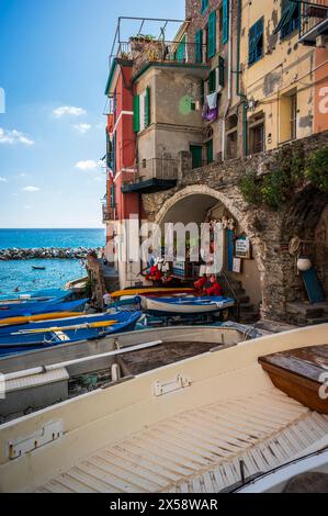 Magic of the Cinque Terre. Timeless images. Riomaggiore and its bright colours. Stock Photo