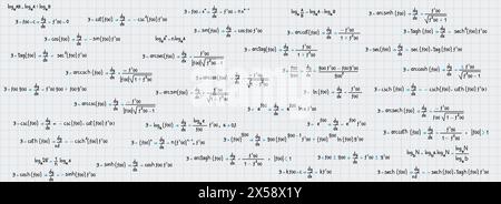 School and university notes on exercises, logarithmic, derivative, trigonometric, logarithmic, hyperbolic and inverse equations and formulas on graph Stock Vector