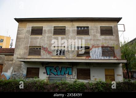 Urban landscape of Parma city center, abandoned dilapidated building Stock Photo