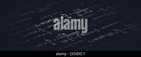 Logarithmic, derivative, trigonometric, logarithmic, hyperbolic and inverse equations and formulas on a black background in perspective Stock Vector