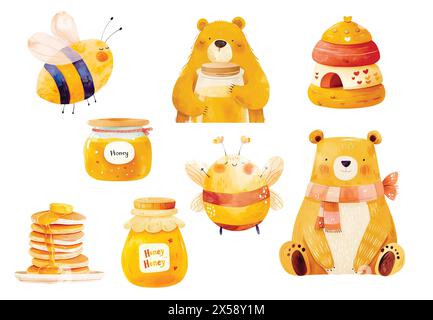 Bees set Cute honey clipart Hand drawn bee honey elements Hive honeycomb pot spoon beekeeping Text phrases in ribbon wreath Floral bee bouquet Stock Vector