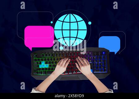 Composite collage picture image of hands typing keyboard computer coding network connect web message unusual fantasy billboard comics zine Stock Photo
