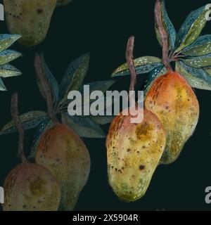 Red and yellow mango on branches with green foliage, watercolor seamless pattern on a black background Stock Photo