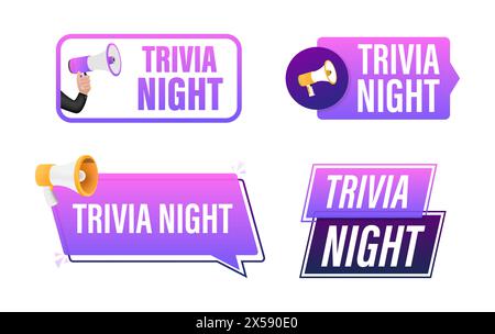 Trivia night text with Megaphone label set. Megaphone in hand promotion banner. Marketing and advertising Stock Vector