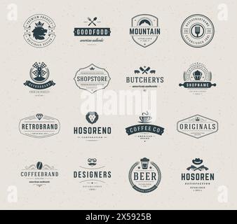 Vintage Logos Design Templates Set. Vector logotypes elements collection, Icons Symbols, Retro Labels, Badges, Silhouettes, Lion, Restaurant, Coffee, Stock Vector