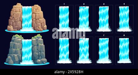 Waterfall sprite sheet animation of water cascade or river stream, vector game UI elements. Cartoon waterfall or water cascade, river falling from mountain rocks with splash for arcade game interface Stock Vector