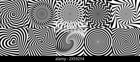 Hypnotic spiral pattern and psychedelic hypnosis swirls, vector backgrounds. Abstract optical illusion and hypnotic patterns with trippy black and white twist distortion, warp heart and star shapes Stock Vector