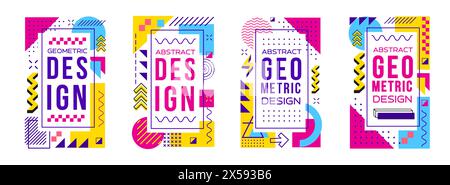 Abstract modern geometric Memphis posters and banners, vector cover templates. Memphis pattern posters with minimal line shapes and abstract geometric figures of wave lines or dots in halftone Stock Vector