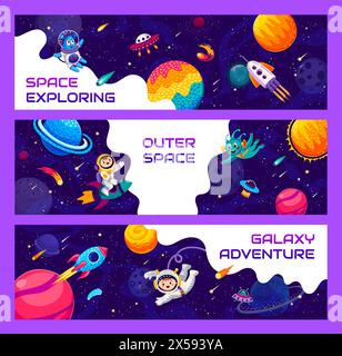 Galaxy space banners with kid astronaut and alien UFO in galaxy planets ...