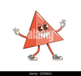 Cartoon groovy retro math geometric triangle figure in 70s hippie art, vector comic character. Groovy triangle with happy face or funky mathematic geometric shape figure with peace fingers gesture Stock Vector