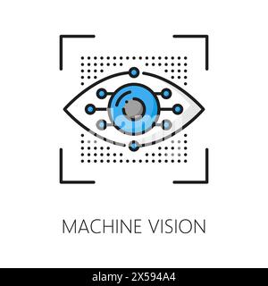 Machine learning and vision, AI algorithm, artificial intelligence outline color icon. Artificial intelligence computer science, machine learning future technology linear vector sign with eyeball Stock Vector