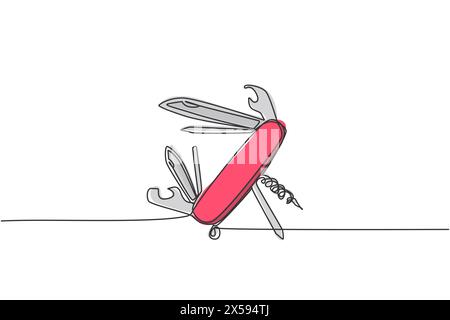 Single continuous line drawing of multi purpose pocket knife for outdoor camping equipment. Multi function tool hover concept. Modern one line draw de Stock Vector