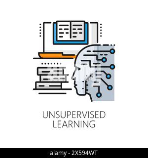 Unsupervised machine learning, artificial intelligence analysis, AI algorithm line color icon. Machine learning computer technology, AI system linear vector icon with android face and computer data Stock Vector