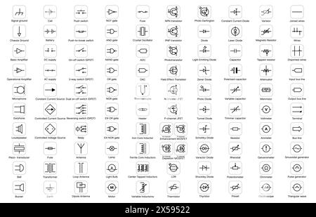 Electric and electronic circuit symbols of elements and components, vector icons. Electrical circuit schematic symbols of diode and switch, connection gate or processor resistor and semiconductor sign Stock Vector