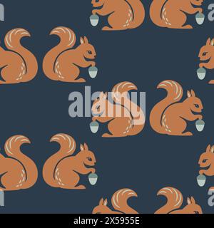 Seamless pattern with cute squirrels and acorns. Hand drawn childish dark blue and mustard background with forest animals. Endless baby texture for Stock Vector