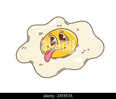 Cartoon retro fried egg groovy character with tongue. Funny vintage breakfast food vector personage, cute hippie chicken egg yolk and white emoji teasing with sticking out tongue and happy smile Stock Vector