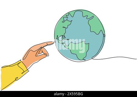 Finger touch globe earth. Single continuous line world global map graphic icon. Simple one line doodle for technology concept. isolated vector illustr Stock Vector