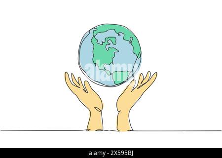 Single one line drawing of hands holding earth logo. World protect icon silhouette for education concept. Infographics presentation isolated on white Stock Vector