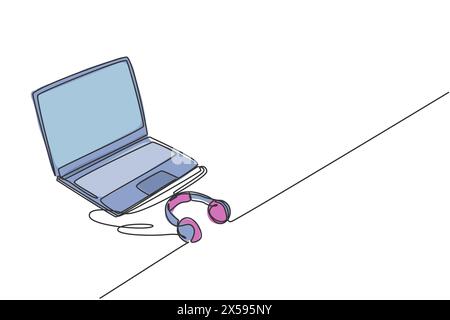 One continuous line drawing of laptop and headphone above the table. Electricity small business office equipment tools concept. Trendy single line dra Stock Vector