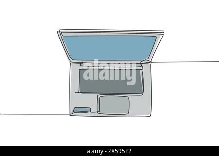 One single line drawing of modern laptop computer for supporting business, top view. Electricity small home office equipment tools concept. Dynamic co Stock Vector