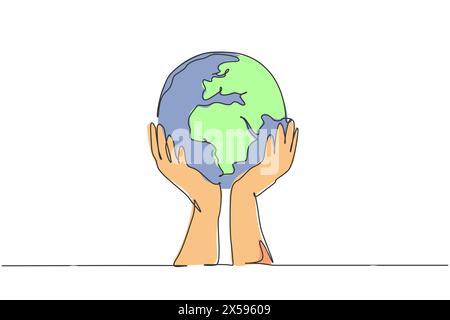 Single one line drawing of man holding global earth. Save nature icon silhouette concept. Infographics, green environment campaign isolated on white b Stock Vector