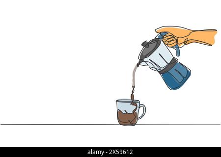 One single line drawing of young happy barista pouring hot chocolate coffee to cup above the table. Cafe drink menu concept. Dynamic continuous line g Stock Vector