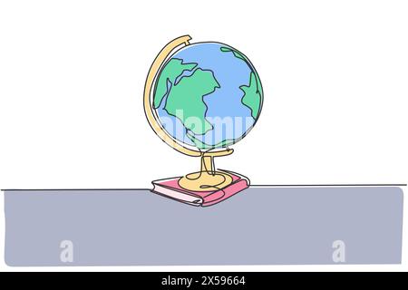 Earth globe above books stack. Single continuous line world global map graphic icon. Simple one line doodle for education concept. Isolated vector ill Stock Vector