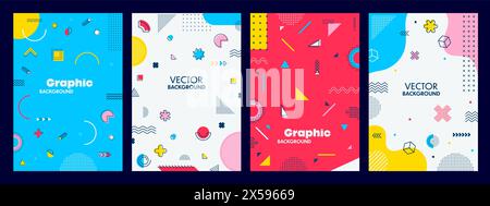 Modern abstract posters with geometric Memphis shape elements pattern, vector background. Memphis pop art style or hipster minimal line and simple color posters in geometric minimalism graphic figures Stock Vector