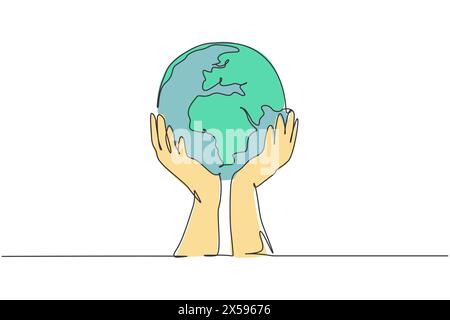 Hands hold earth. Single continuous line world global map graphic icon. Simple one line doodle for non profit organization concept. Isolated vector il Stock Vector