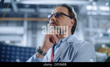 Portrait of Mature Male Engineer Confident and Focused Thinking, working at Aerospace Satellite Manufacturing Facility. Top World Scientists Doing Science and Technology Research in Space Program Stock Photo