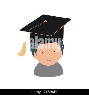 Happy cute little kid graduate from school. Smiling kindergarten boy in graduate hat. Vector icon Stock Vector