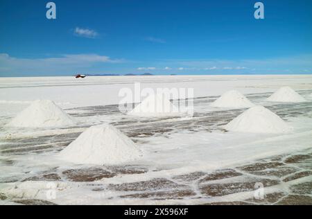 Salt Extraction Area on El Salar de Uyuni, the World's Largest Salt Flats in Potosi department of Bolivia, South America Stock Photo