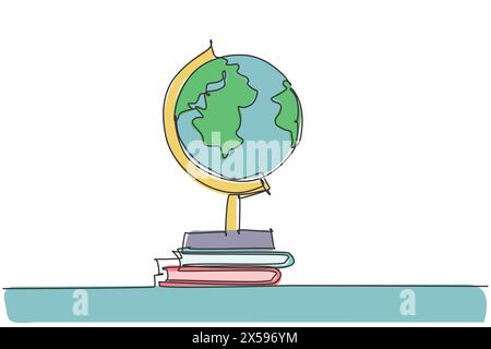 Single one line drawing of world globe. Round map above books pile icon silhouette education concept. Infographics, school presentation isolated on wh Stock Vector