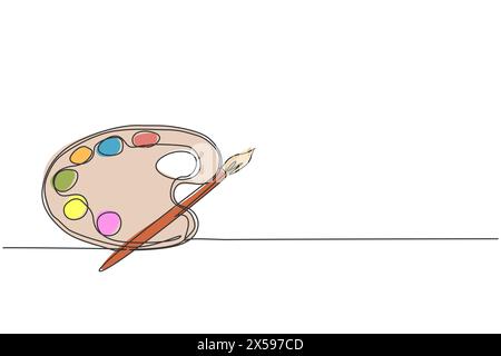 Single one line drawing of brush paint with watercolour palette. Back to school minimalist, art education concept. Continuous simple line draw style d Stock Vector