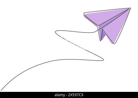 Single continuous line drawing of flying paper airplane on the sky. Back to school minimalist style. Children toy concept. Modern one line draw graphi Stock Vector